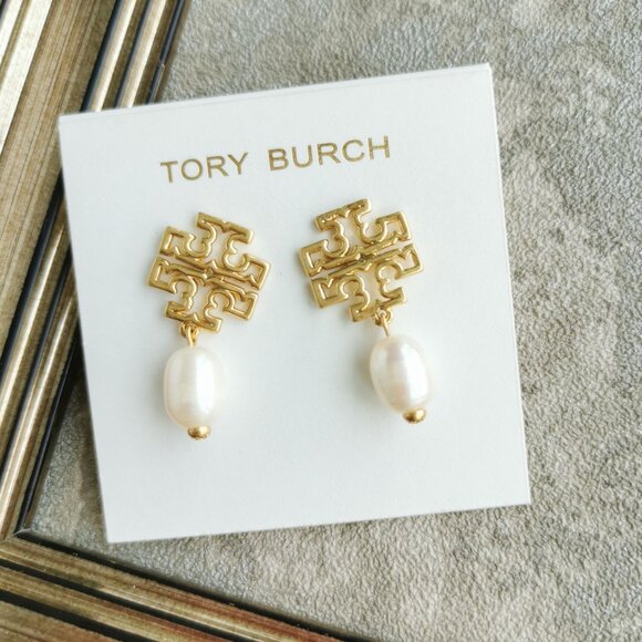 Tory Burch Jewelry - Tory Burch Britton Logo Gold White Pearl Earrings